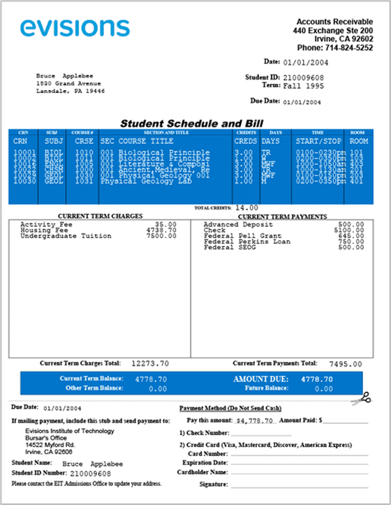 The same student schedule and bill produced by FormFusion, with the college logo, a course table, a charges and payments summary, an amount-due bar, and a payment stub