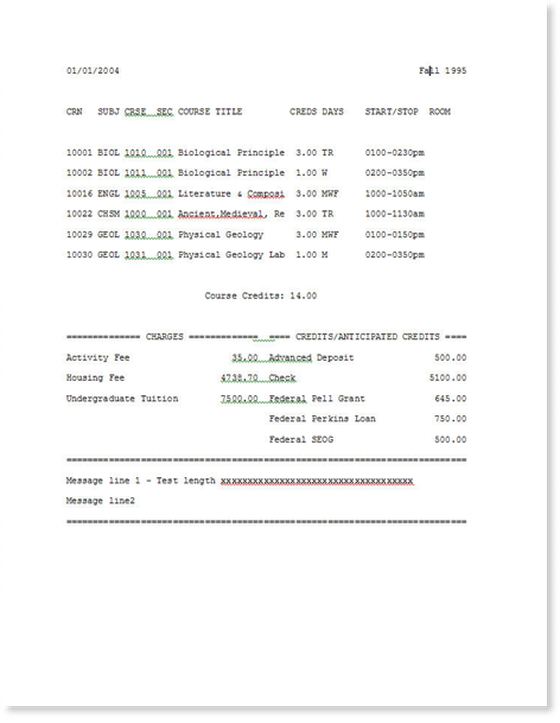 A student schedule and bill as the ERP prints it: plain monospaced text with no branding, table, or payment stub