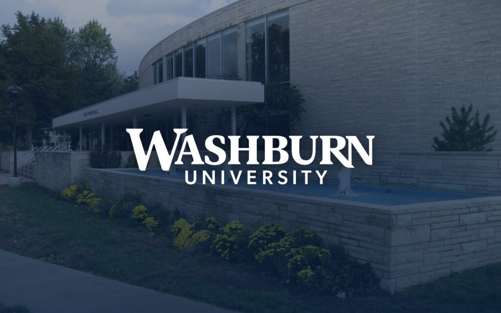 Washburn University wordmark over White Concert Hall and Sagamore Fountain on the Washburn campus